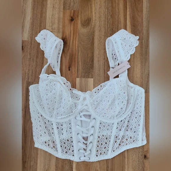 VICTORIA'S SECRET White DREAM ANGELS Eyelet Corset Top Thong Set LM